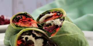Kimchi Collard Parcels with Sesame Mushroom Stuffing & Smoky Fermented Cilantro Cream